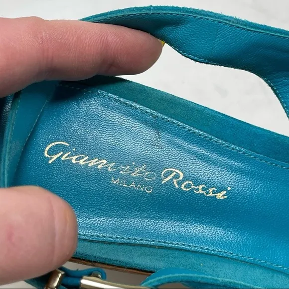 Gianvito Rossi turquoise Suede Cork Wedge Peep Toe Platform Slingback Sandals 10