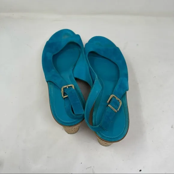 Gianvito Rossi turquoise Suede Cork Wedge Peep Toe Platform Slingback Sandals 10