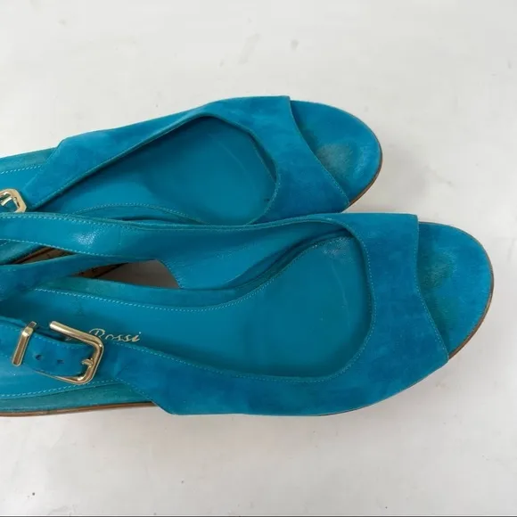Gianvito Rossi turquoise Suede Cork Wedge Peep Toe Platform Slingback Sandals 10