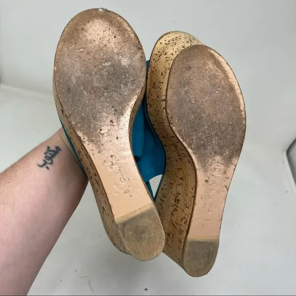Gianvito Rossi turquoise Suede Cork Wedge Peep Toe Platform Slingback Sandals 10