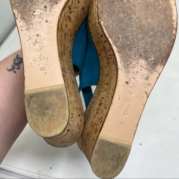 Gianvito Rossi turquoise Suede Cork Wedge Peep Toe Platform Slingback Sandals 10