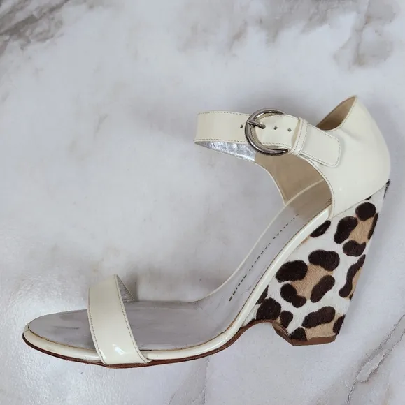 Giuseppe Zanotti Leopard Cream Patent Mary Jane Open Toe Wedge Sandals, 9.5