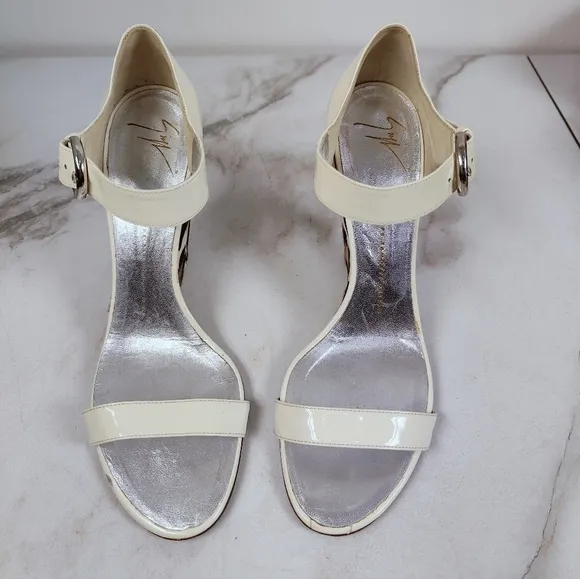 Giuseppe Zanotti Leopard Cream Patent Mary Jane Open Toe Wedge Sandals, 9.5