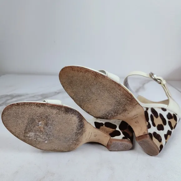 Giuseppe Zanotti Leopard Cream Patent Mary Jane Open Toe Wedge Sandals, 9.5