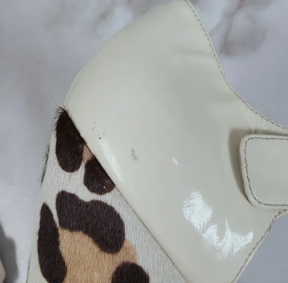 Giuseppe Zanotti Leopard Cream Patent Mary Jane Open Toe Wedge Sandals, 9.5