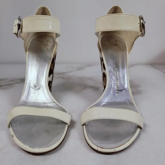 Giuseppe Zanotti Leopard Cream Patent Mary Jane Open Toe Wedge Sandals, 9.5