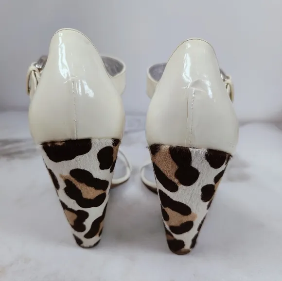 Giuseppe Zanotti Leopard Cream Patent Mary Jane Open Toe Wedge Sandals, 9.5