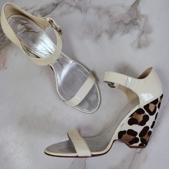 Giuseppe Zanotti Leopard Cream Patent Mary Jane Open Toe Wedge Sandals, 9.5