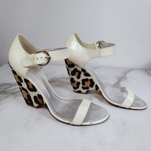 Giuseppe Zanotti Leopard Cream Patent Mary Jane Open Toe Wedge Sandals, 9.5