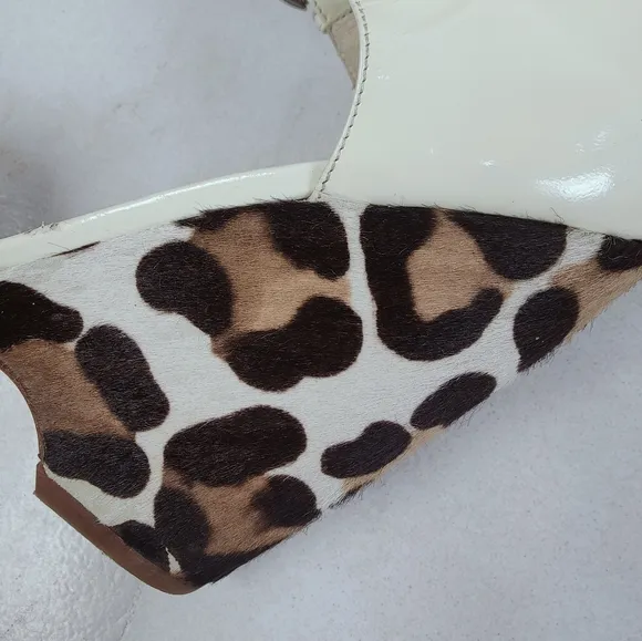 Giuseppe Zanotti Leopard Cream Patent Mary Jane Open Toe Wedge Sandals, 9.5