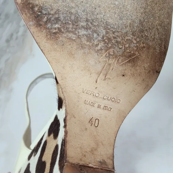 Giuseppe Zanotti Leopard Cream Patent Mary Jane Open Toe Wedge Sandals, 9.5