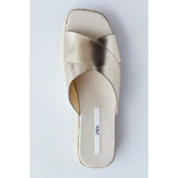 Gold Metallic Zara Espadrille Platform Square Open-Toe Sandals Slides (NWT)