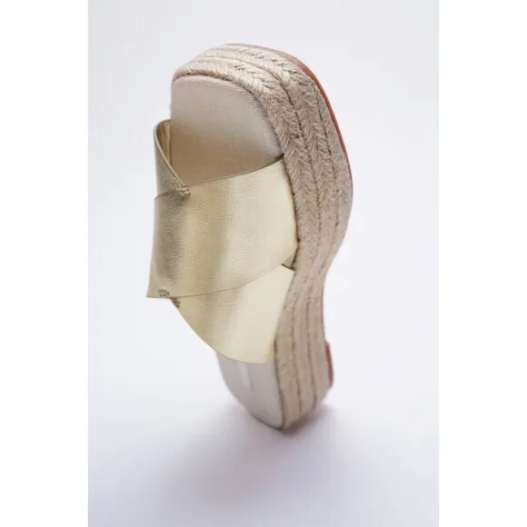 Gold Metallic Zara Espadrille Platform Square Open-Toe Sandals Slides (NWT)