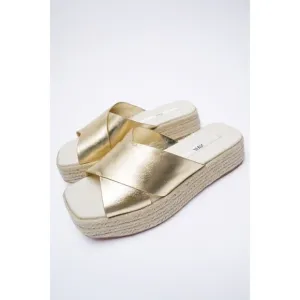 Gold Metallic Zara Espadrille Platform Square Open-Toe Sandals Slides (NWT)