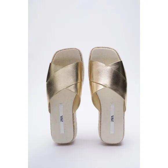 Gold Metallic Zara Espadrille Platform Square Open-Toe Sandals Slides (NWT)