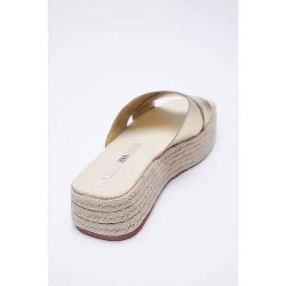 Gold Metallic Zara Espadrille Platform Square Open-Toe Sandals Slides (NWT)