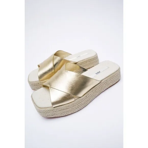 Gold Metallic Zara Espadrille Platform Square Open-Toe Sandals Slides (NWT)