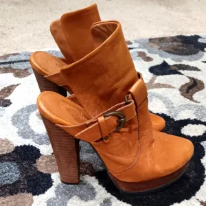 GOLO LEATHER Block Heel Platform Mule SANDALS Cognac Brown 7M Made in Italy Rare
