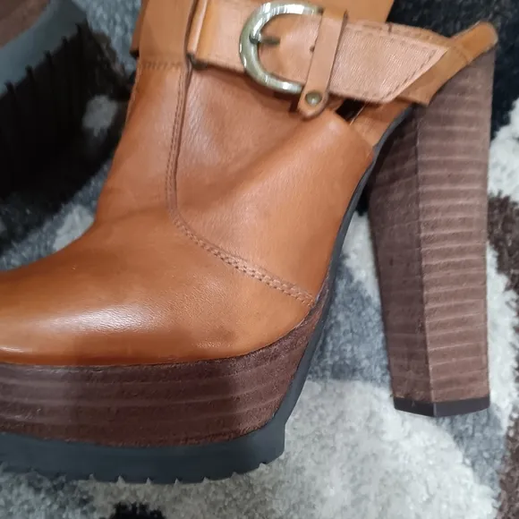 GOLO LEATHER Block Heel Platform Mule SANDALS Cognac Brown 7M Made in Italy Rare