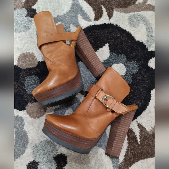GOLO LEATHER Block Heel Platform Mule SANDALS Cognac Brown 7M Made in Italy Rare