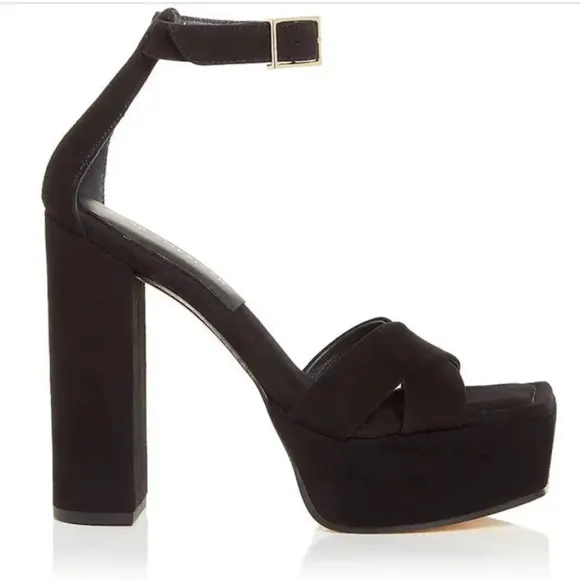 Good American Black Suede Square Toe Platform Sandals Heels Size 7 New