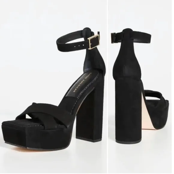Good American Black Suede Square Toe Platform Sandals Heels Size 7 New