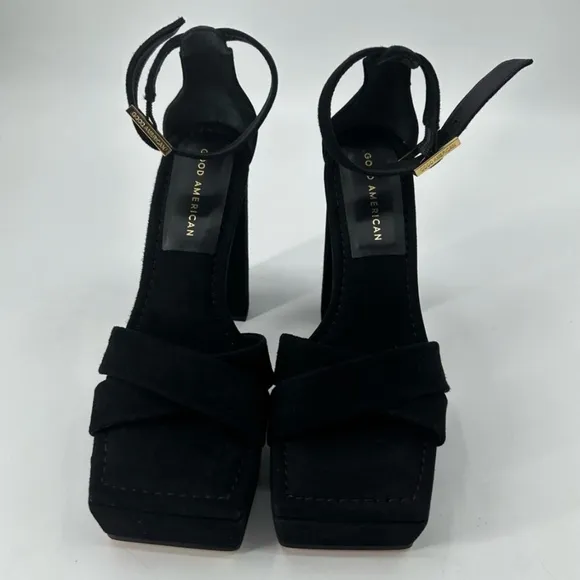 Good American Black Suede Square Toe Platform Sandals Heels Size 7 New