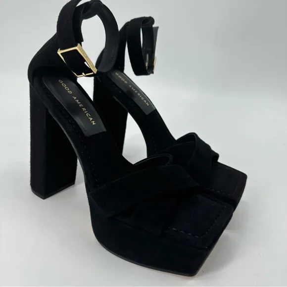 Good American Black Suede Square Toe Platform Sandals Heels Size 7 New