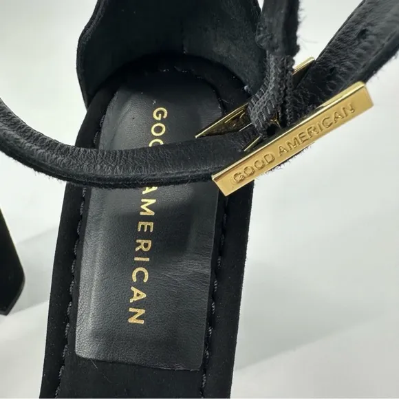Good American Black Suede Square Toe Platform Sandals Heels Size 7 New