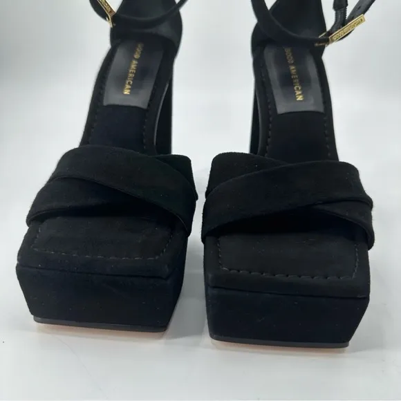 Good American Black Suede Square Toe Platform Sandals Heels Size 7 New