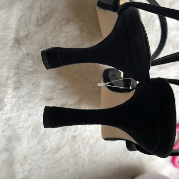 Good American golden standout square toe heeled sandals