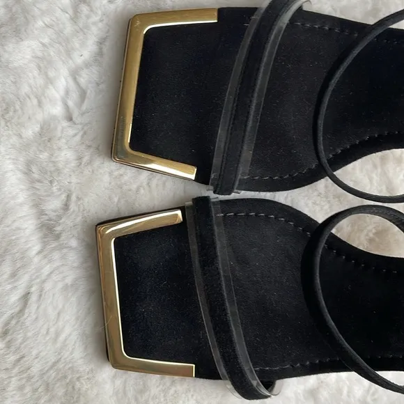 Good American golden standout square toe heeled sandals