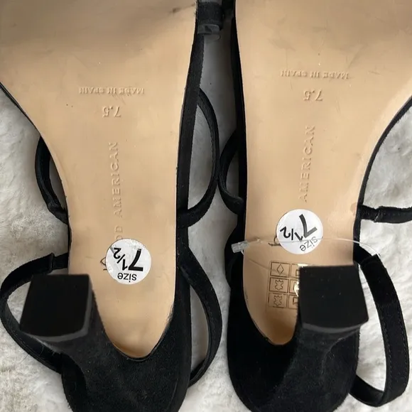 Good American golden standout square toe heeled sandals