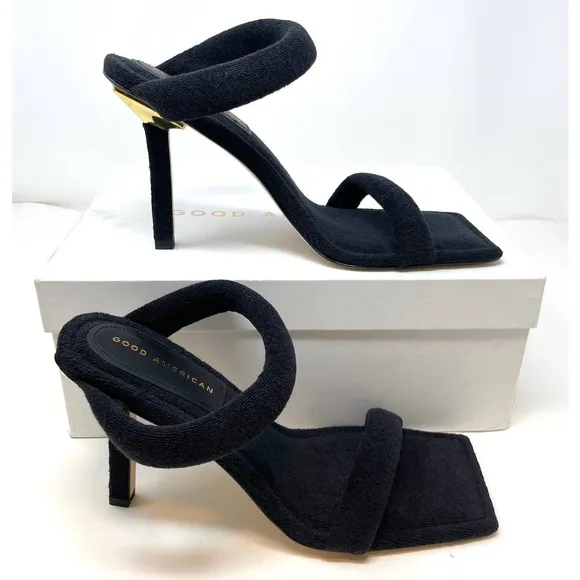 Good American Terry Square Toe Strappy Heeled Sandals In Black Size 11 New