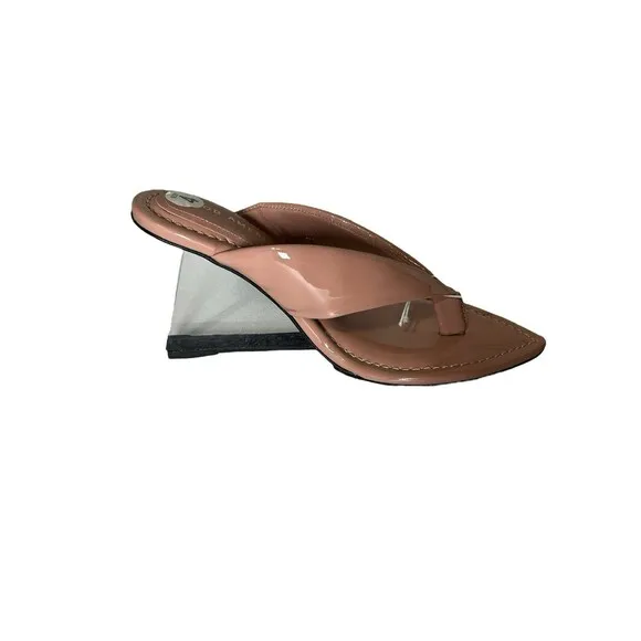 GOOD AMERICAN Women's Dusty Patent Lucite Wedge Size 4 Thong Sandals- Read