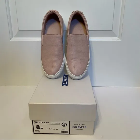GREATS SHOES SNEAKERS BLUSH PINK PERFORATED LEATHER THE WOOSTER SLIP ON Size 8