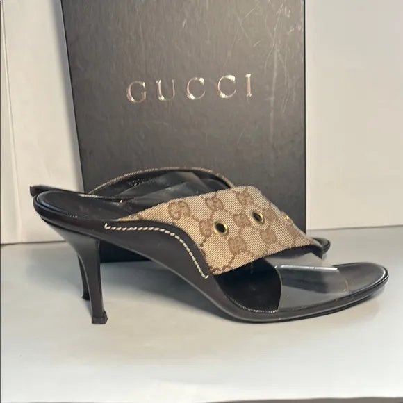 GUCCI Beige/Dark Chestnut GG Canvas Sandals | Size 9.5