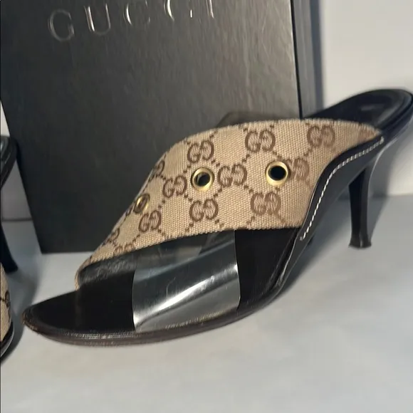GUCCI Beige/Dark Chestnut GG Canvas Sandals | Size 9.5