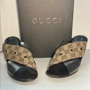 GUCCI Beige/Dark Chestnut GG Canvas Sandals | Size 9.5