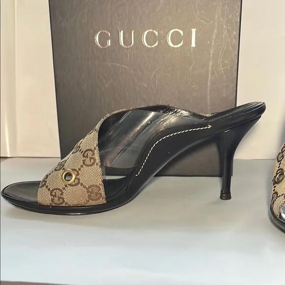 GUCCI Beige/Dark Chestnut GG Canvas Sandals | Size 9.5