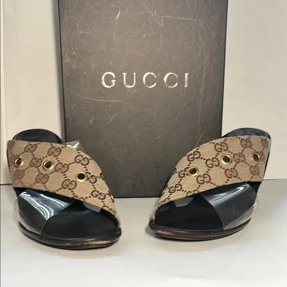 GUCCI Beige/Dark Chestnut GG Canvas Sandals | Size 9.5