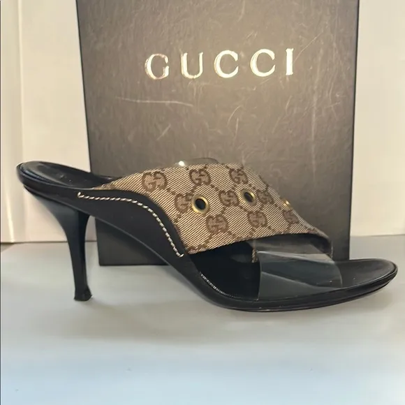 GUCCI Beige/Dark Chestnut GG Canvas Sandals | Size 9.5