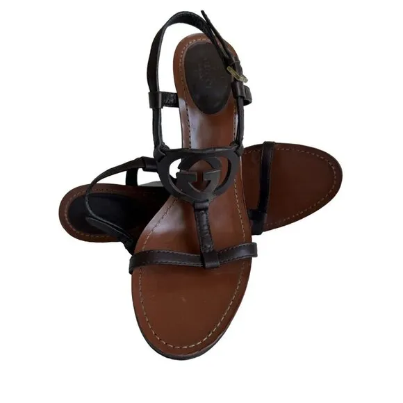 Gucci Platform Wedge Heels w Leather Logo Size 10.5