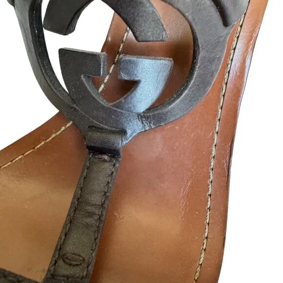 Gucci Platform Wedge Heels w Leather Logo Size 10.5