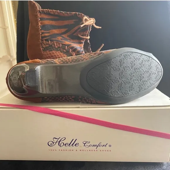 HELLE COMFORT Shoes Low Heel Ankle Bootie Animal Print Snake Tiger Zebra