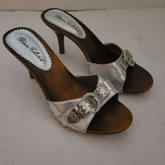 High heels shoes sexy silver  buckle faux leather rhinestones size 8.5