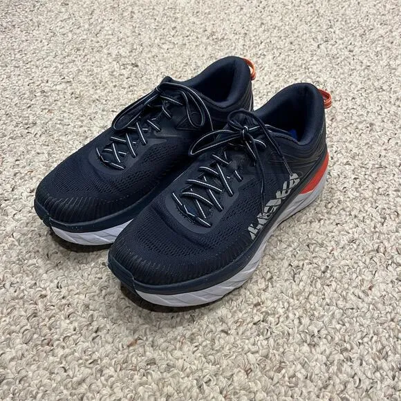 Hoka One One Bondi 7 Running Shoes Womens Sz 11 Navy Blue Orange Active Comfort