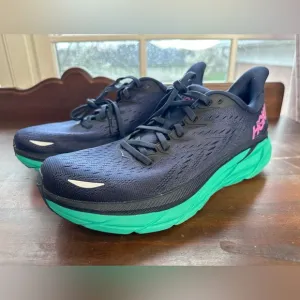 Hoka Women's 9B (Reg Width) Navy Pink and Green Clifton 8 Running Shoes