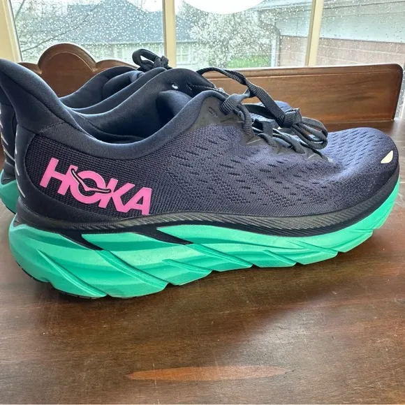 Hoka Women's 9B (Reg Width) Navy Pink and Green Clifton 8 Running Shoes