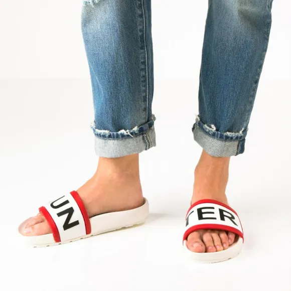 Hunter Slip on White &amp; Red Logo Sandals Size 10